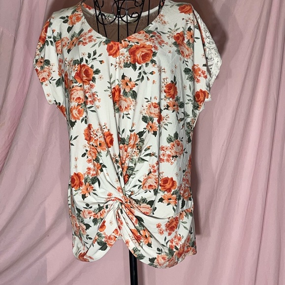 Bobbie Brooks Floral Twist-Front Blouse - Orange and Green - Picture 1 of 8